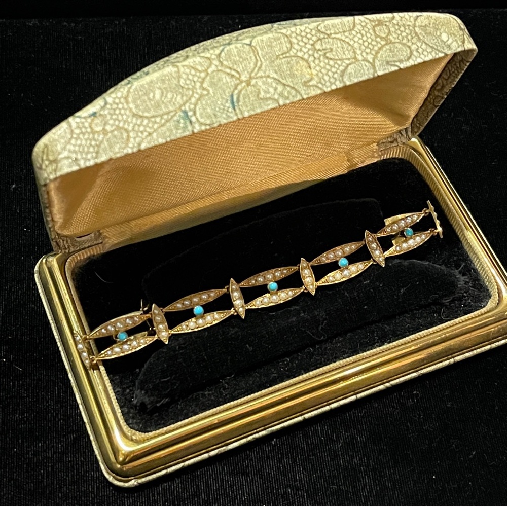 ✨Antique Victorian 15ct Gold Bracelet with Real Seed Pearls and Turquoise